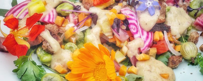 Salat aus dicken Bohnen und Beeten mit Stachelbeerdressing